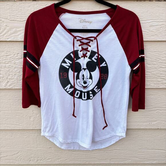 Disney Mickey Mouse Graphic Lace Up T-Shirt with Baseball Varsity Stripe Sz S - Picture 1 of 6